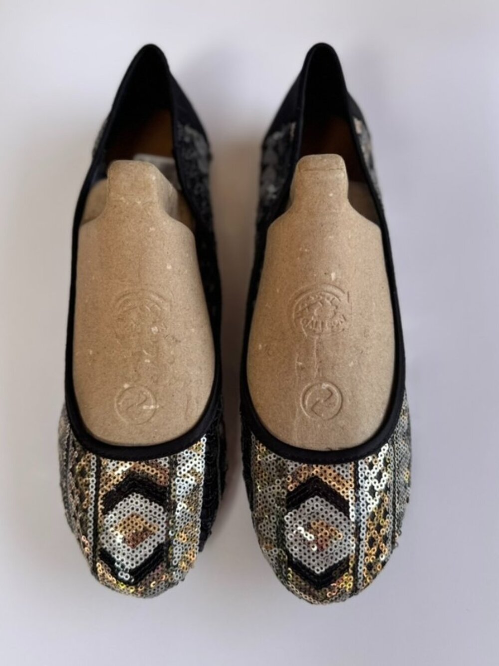 Womens Ballet Flats Geometric Aztec Sequin Black Gold Silver Boho Party Glam 8.5